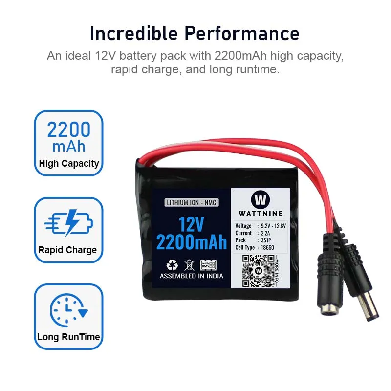 12V 2200 mAh Rechargeable Lithium Battery Pack with Warranty  for GPS, CCTV, Industrial and Commercial Application
