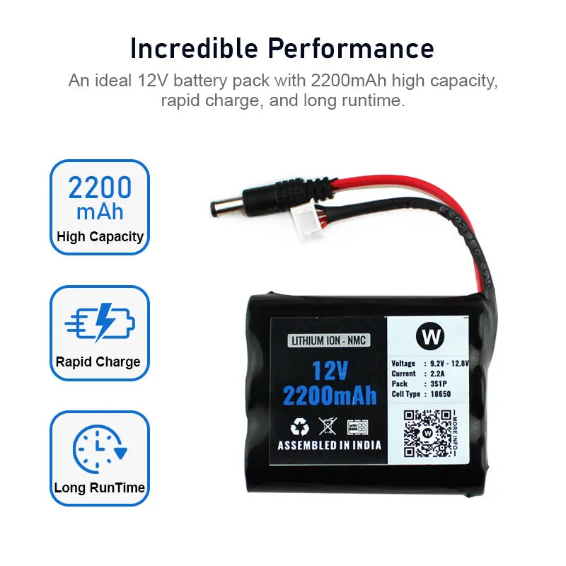12V 2200mAh Rechargeable Lithium Battery Pack with Warranty (includes BMS & balance pin) for GPS, CCTV, Industrial and Commercial Application