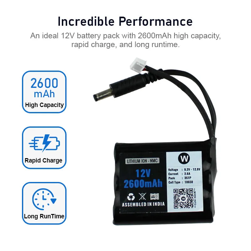 12V 2600mAh Rechargeable Lithium Battery Pack with Warranty (includes BMS & balance pin) for GPS, CCTV, Industrial and Commercial Application