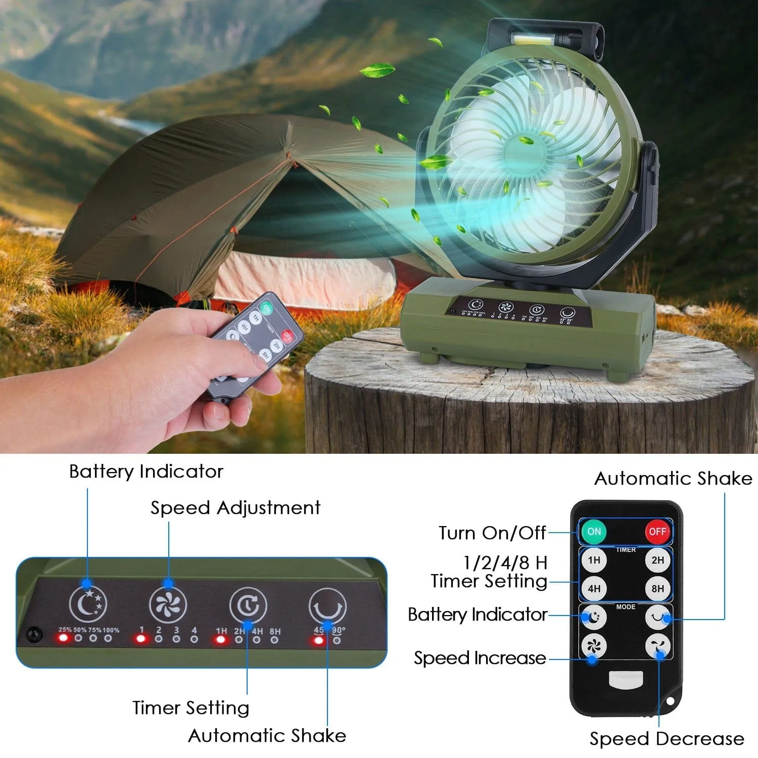 20000mAh Rechargeable Oscillating Camping Fan with Flashlight Hanging Hook Remote Control