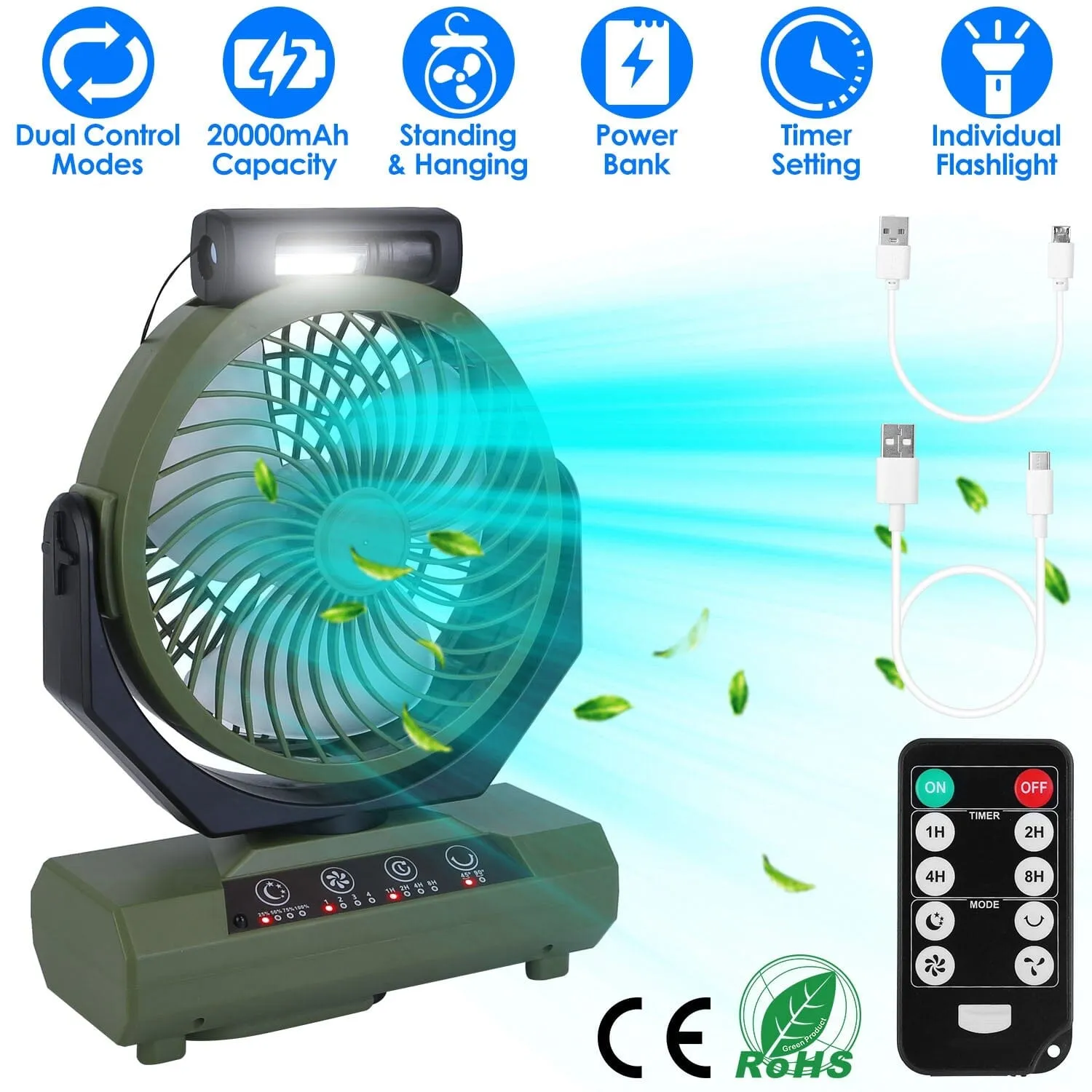 20000mAh Rechargeable Oscillating Camping Fan with Flashlight Hanging Hook Remote Control