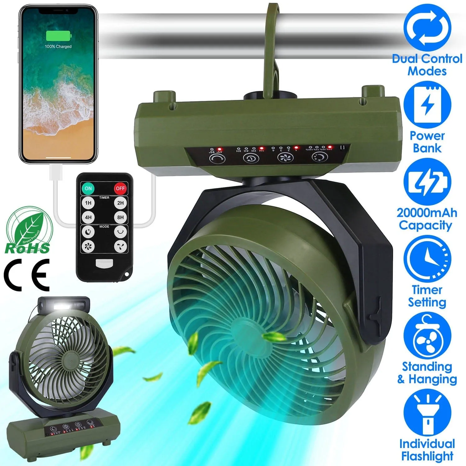 20000mAh Rechargeable Oscillating Camping Fan with Flashlight Hanging Hook Remote Control