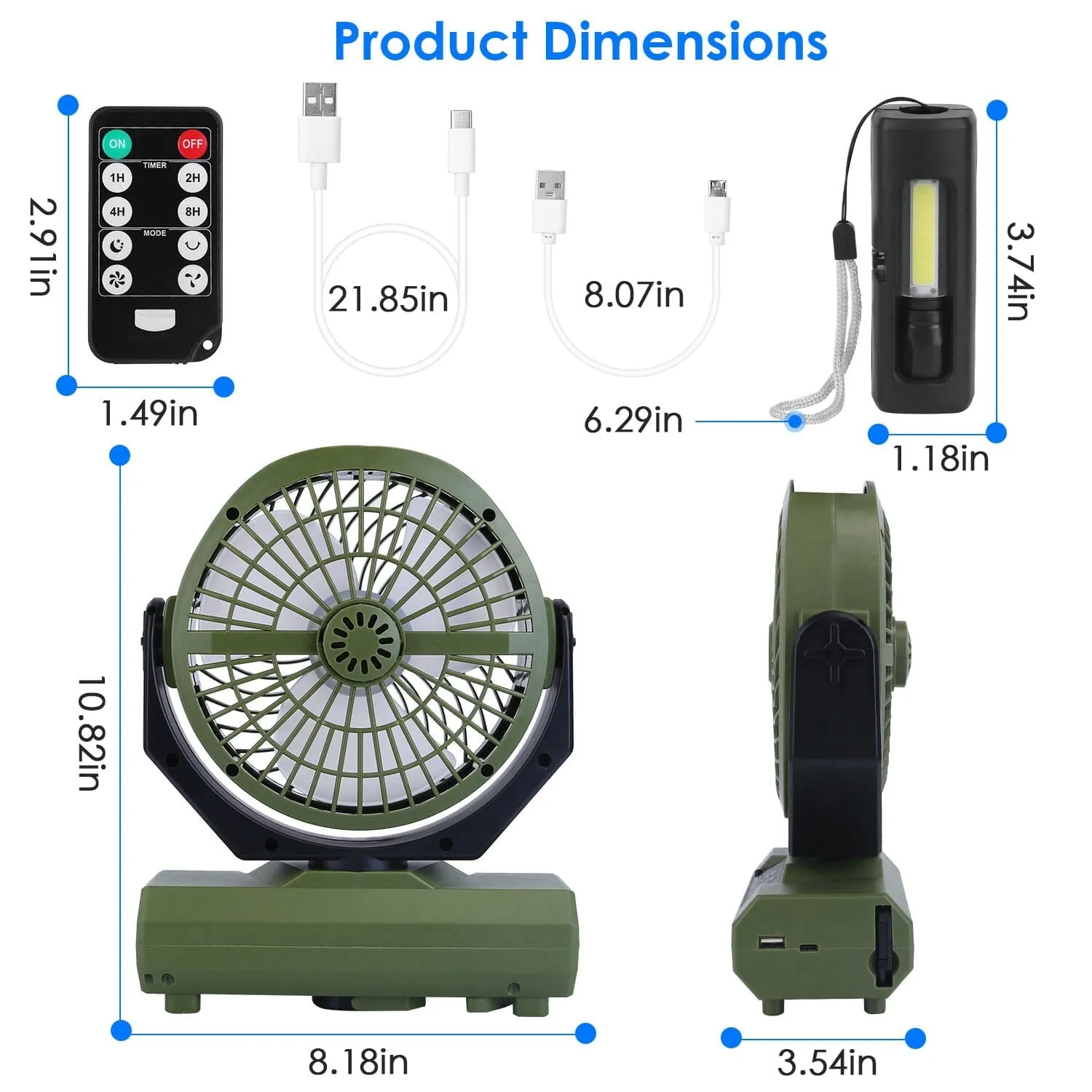 20000mAh Rechargeable Oscillating Camping Fan with Flashlight Hanging Hook Remote Control