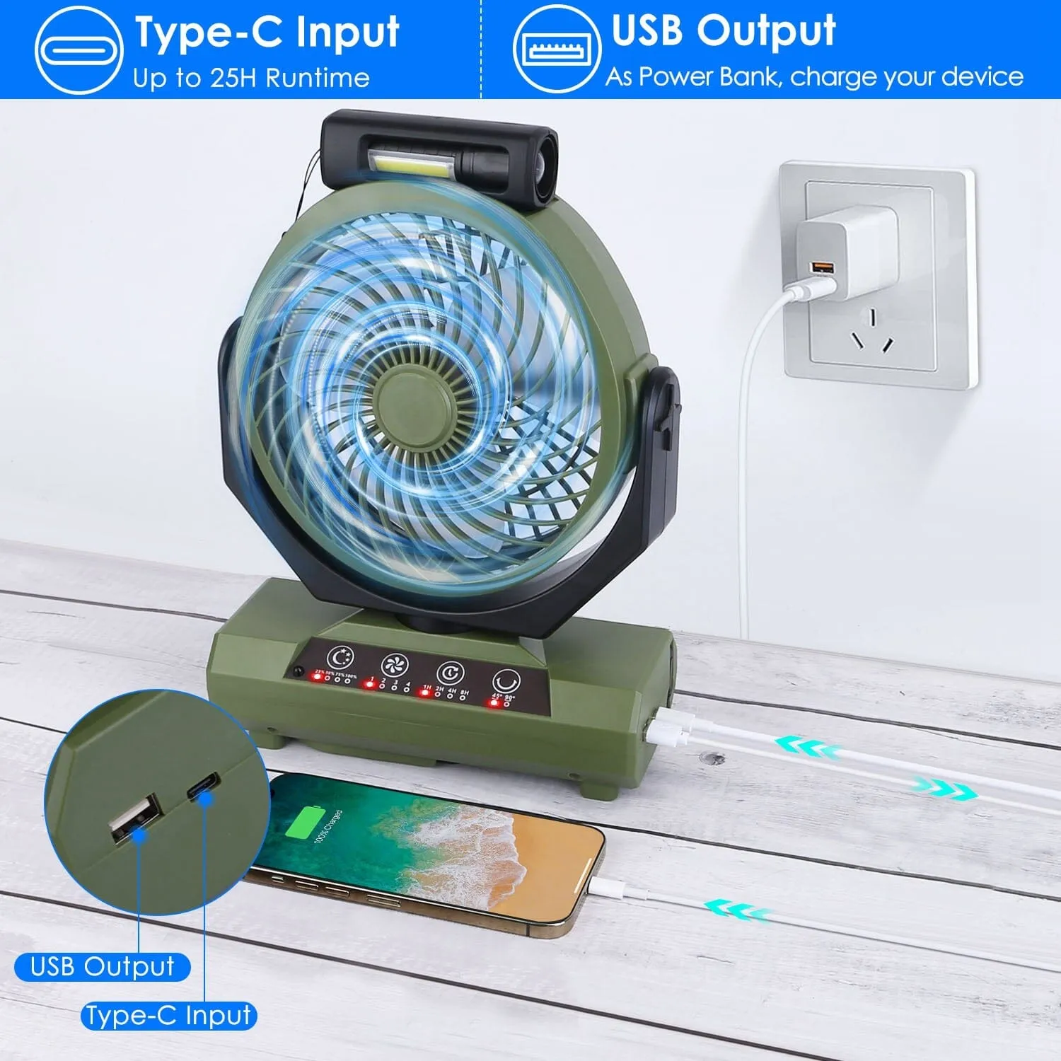 20000mAh Rechargeable Oscillating Camping Fan with Flashlight Hanging Hook Remote Control