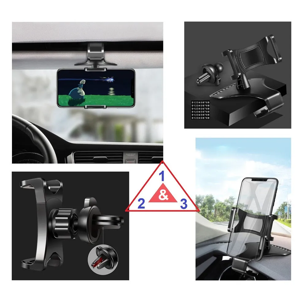 3 in 1 Car GPS Smartphone Holder: Dashboard / Visor Clamp   AC Grid Clip for Alcatel OT-690 - Black