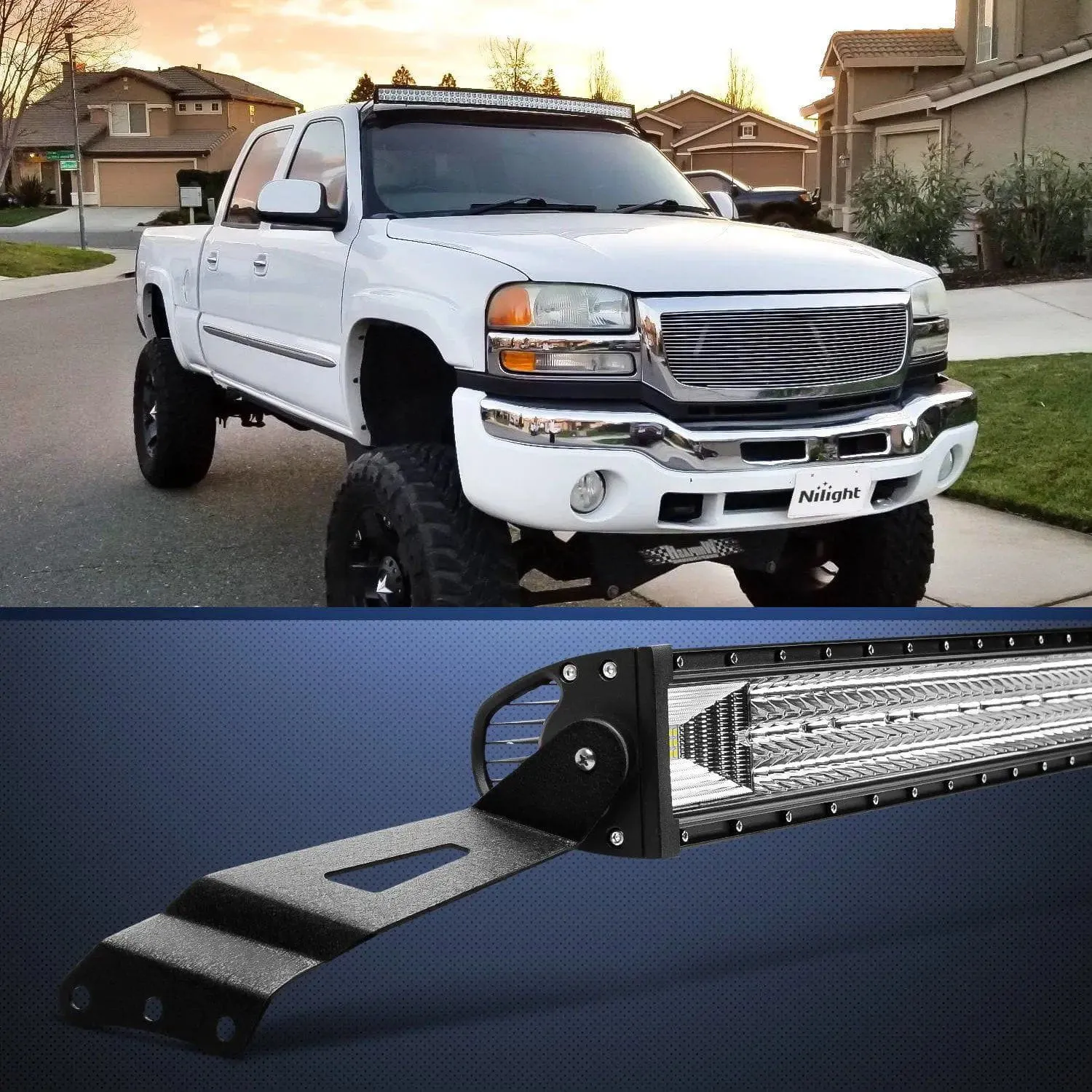 50 Inch Curved Light Bar Bracket at Upper Windshield Roof Cab for 1999-2006 Chevy Silverado Suburban Avalanche Tahoe & GMC Yukon Sierra (Pair)