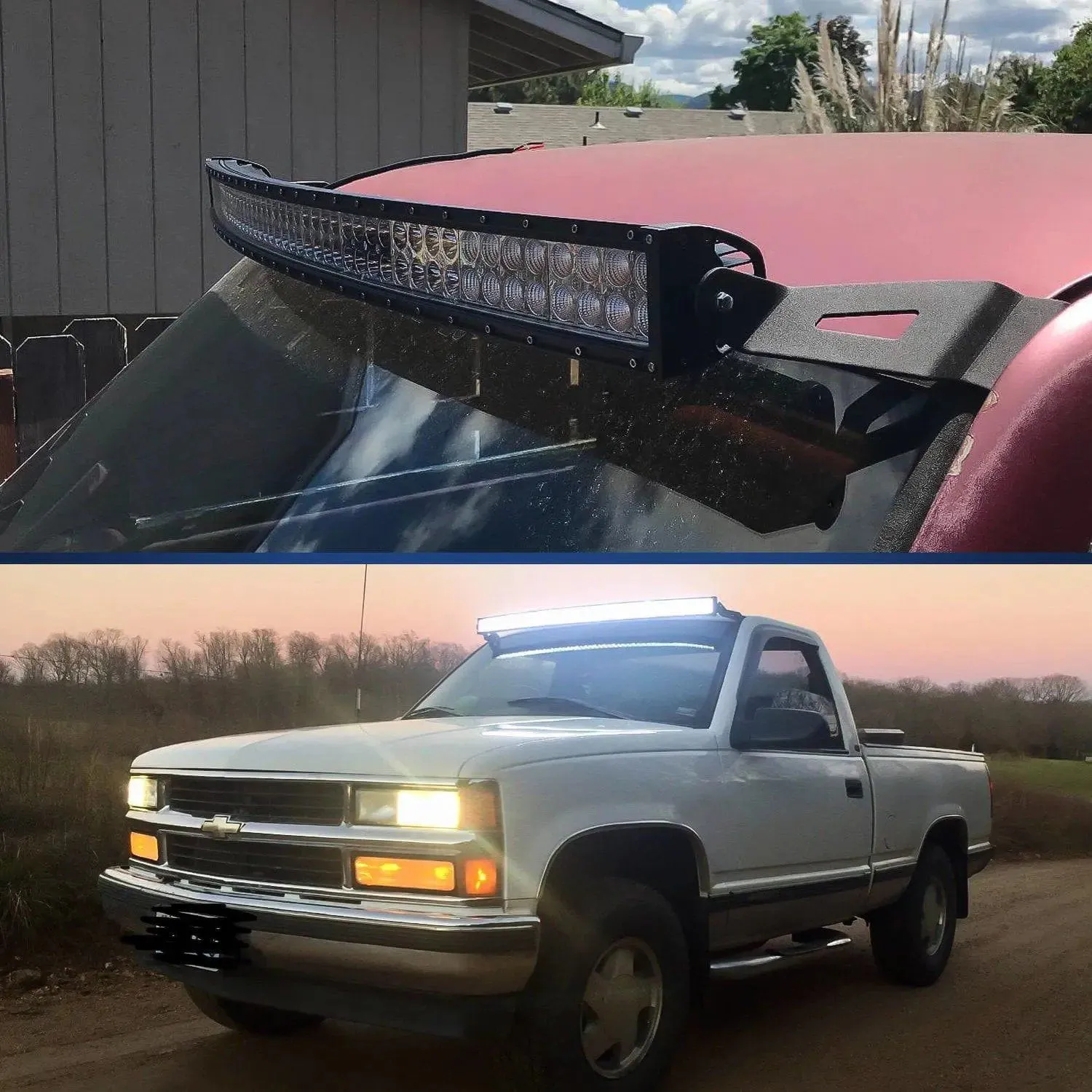 50 Inch Curved Light Bar Bracket at Upper Windshield Roof Cab for 1999-2006 Chevy Silverado Suburban Avalanche Tahoe & GMC Yukon Sierra (Pair)