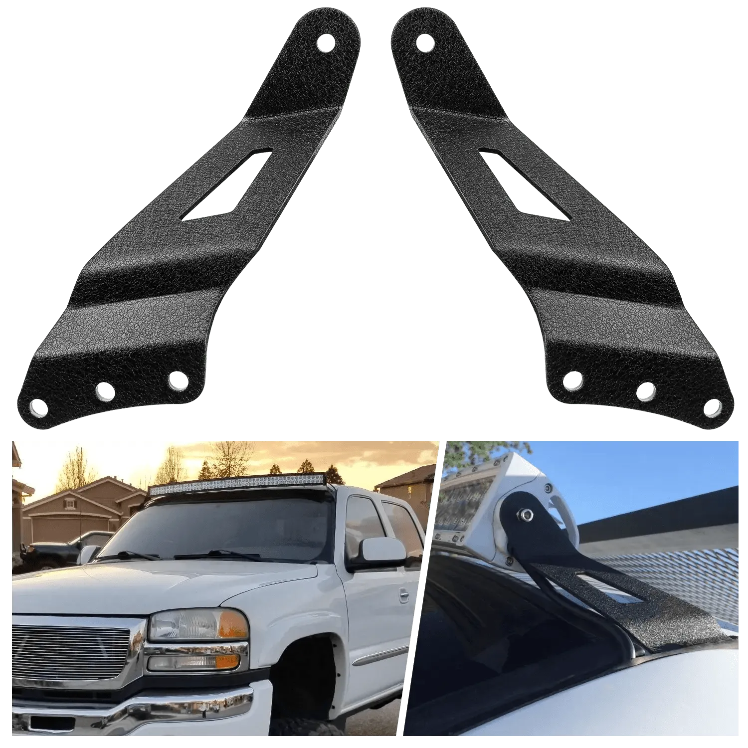50 Inch Curved Light Bar Bracket at Upper Windshield Roof Cab for 1999-2006 Chevy Silverado Suburban Avalanche Tahoe & GMC Yukon Sierra (Pair)
