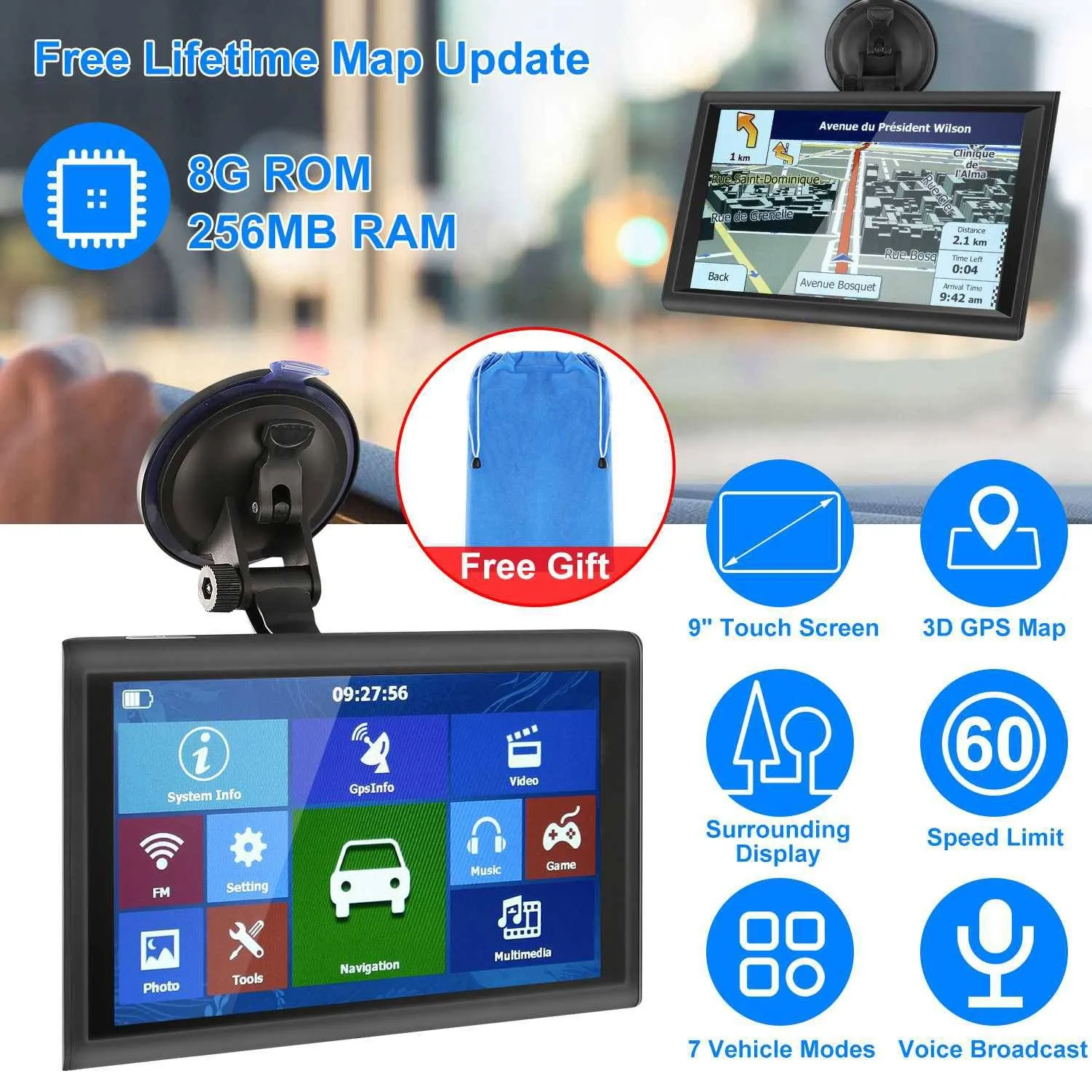 9" Car GPS Navigation - 8GB Touch Screen Vehicle Navigator