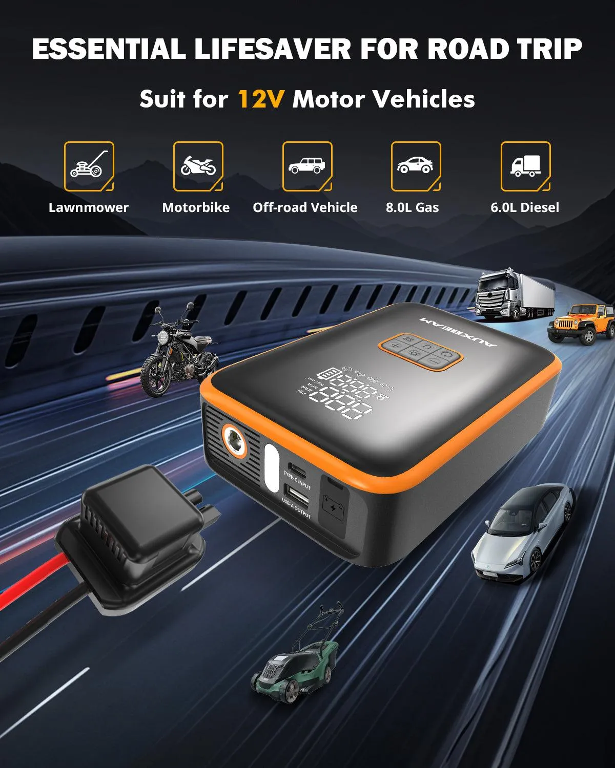 🆕AJ3000 Series 3000A Jump Starter with Air Compressor 120PSI Tire Inflator For 8L Gas/ 6L Diesel Engine