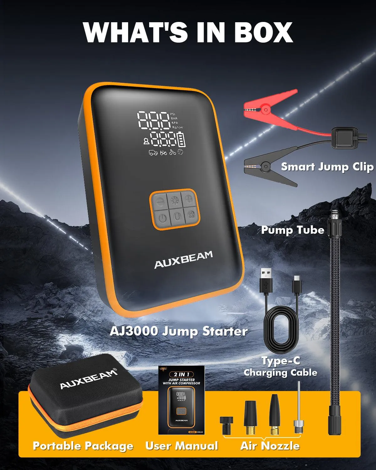 🆕AJ3000 Series 3000A Jump Starter with Air Compressor 120PSI Tire Inflator For 8L Gas/ 6L Diesel Engine