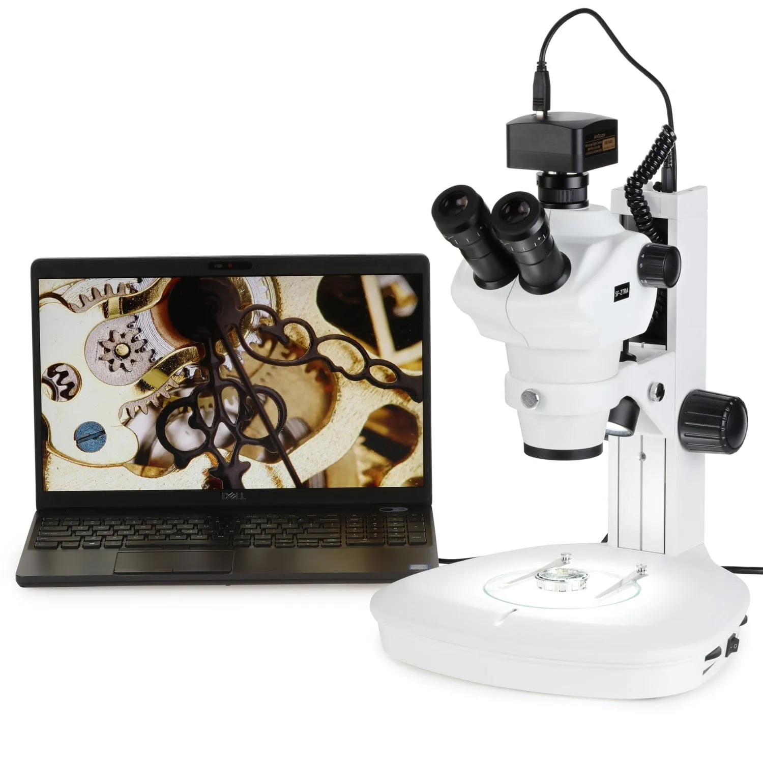 AmScope SF-2 Series Trinocular Stereo Microscope on Track-stand on Track Stand with Dual-illumination and 9.7" Touchscreen Imaging System