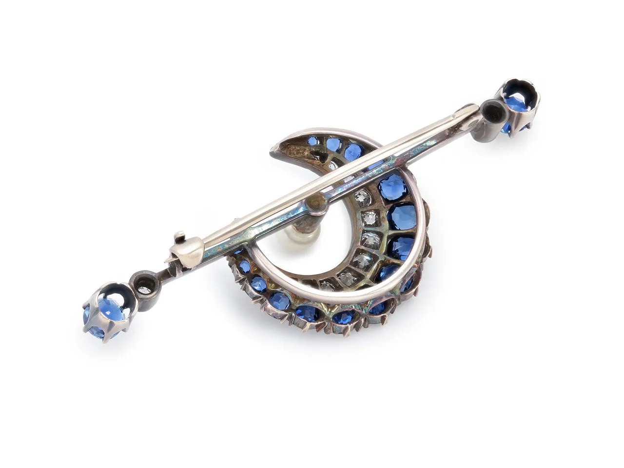 Antique Victorian Sapphire and Diamond Crescent Brooch