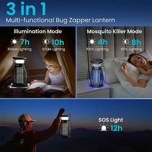 Burlan Solar Bug Zapper Outdoor & Indoor, Cordless Mosquito Zapper Rechargeable Waterproof Fly Zapper for Camping, Home, Patio, Backyard, Kitchen
