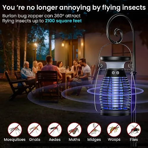Burlan Solar Bug Zapper Outdoor & Indoor, Cordless Mosquito Zapper Rechargeable Waterproof Fly Zapper for Camping, Home, Patio, Backyard, Kitchen
