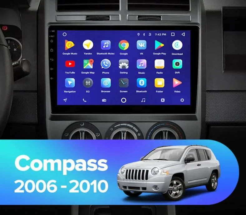 Car Dealz 10.2" Android 10.0 Jeep Compass MK 2006-2010 w CAM In Dash Plus OEM Fascia