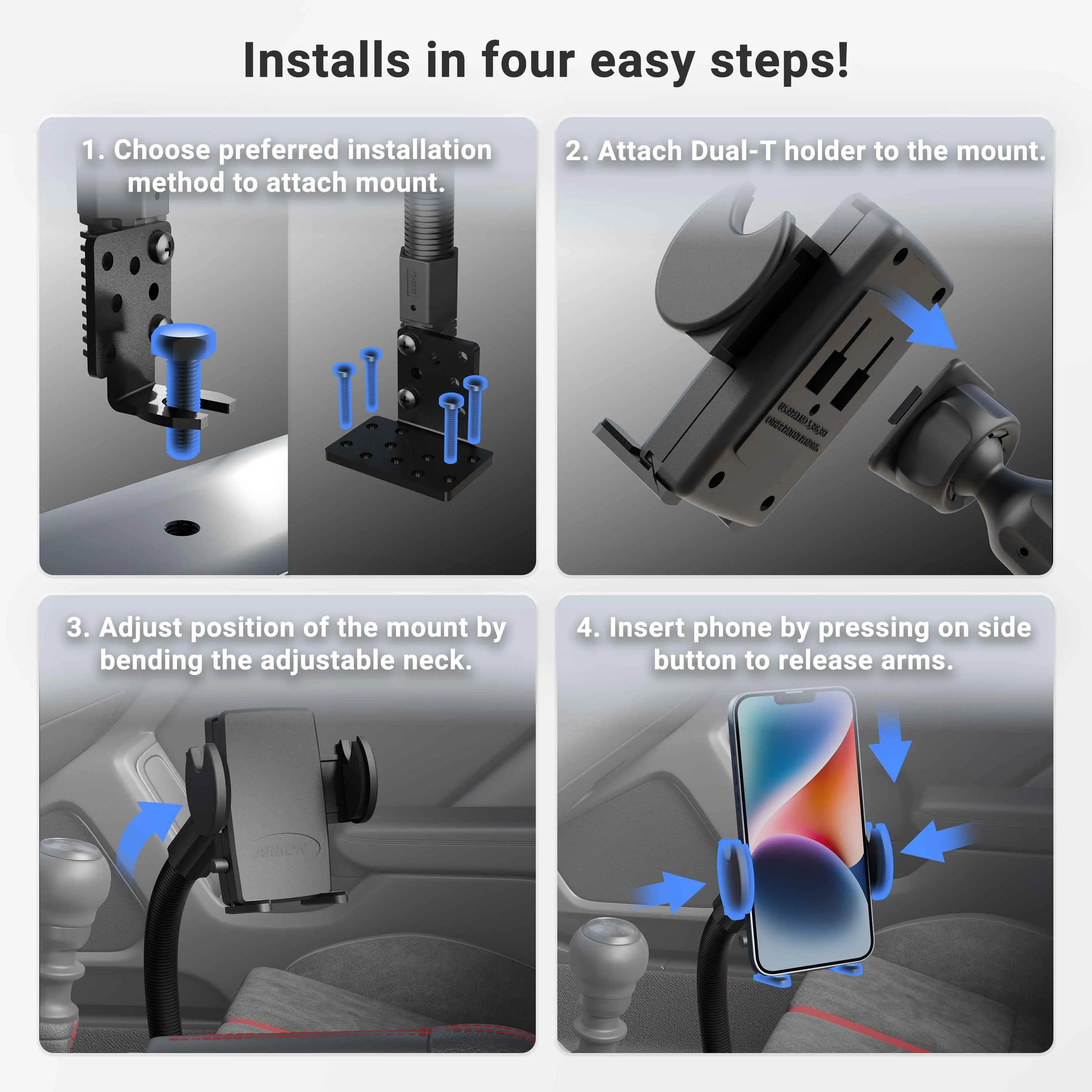 Car or Truck Seat Rail or Floor Mega Grip™ Phone Holder Mount