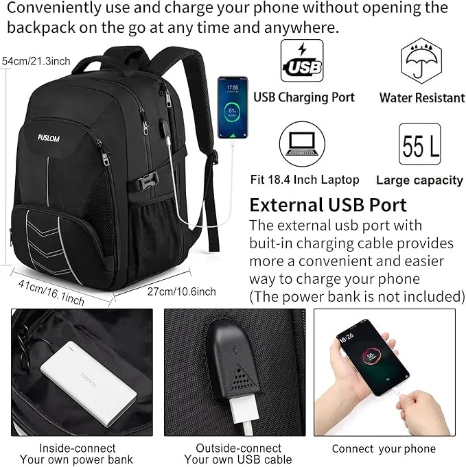 Extra Large Backpack 55L,18.4 Inch Travel Laptop Work Bag with USB Charging Port Big Business Flight Approved Rucksack 18.4 Inches