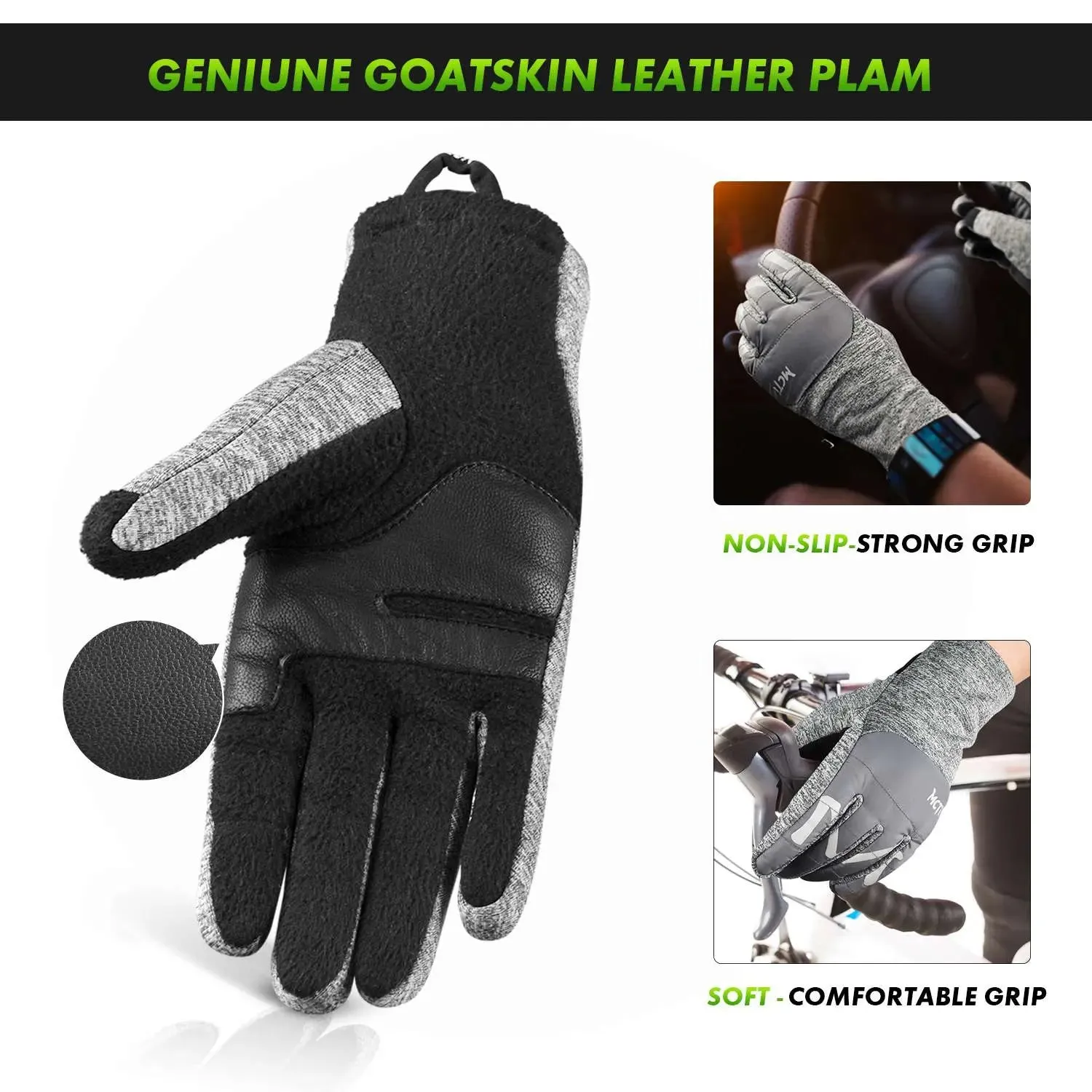 MCTi Winter Gloves Touchscreen Warm Fleece Lining Goatskin Leather Palm for Men Women Running Cycling