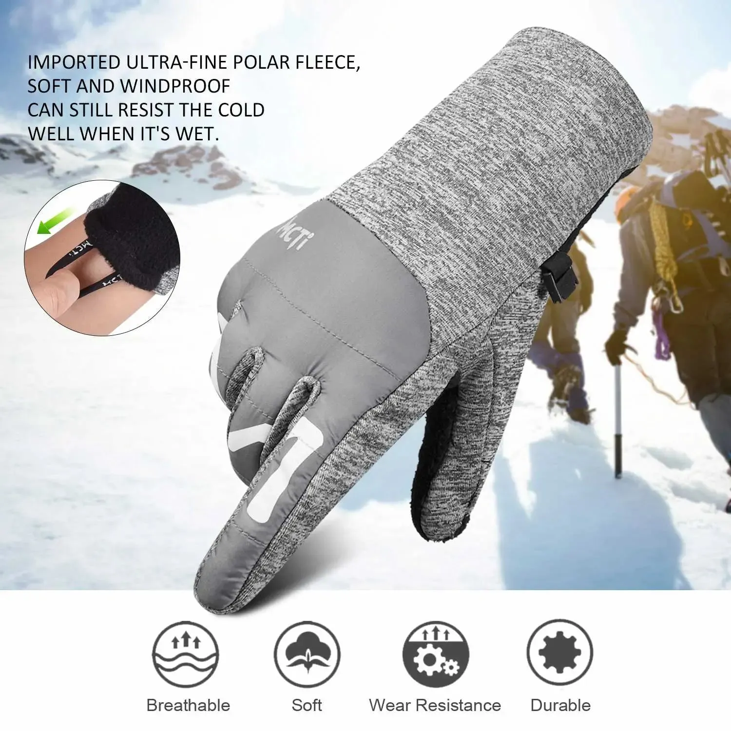 MCTi Winter Gloves Touchscreen Warm Fleece Lining Goatskin Leather Palm for Men Women Running Cycling