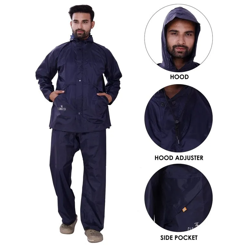 Men Raincoat - Waterproof Nylon with Adjustable Hood | Top & Bottom Set | Navy Blue | Size: Large
