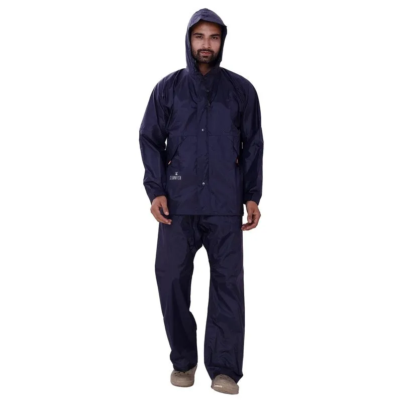Men Raincoat - Waterproof Nylon with Adjustable Hood | Top & Bottom Set | Navy Blue | Size: Large