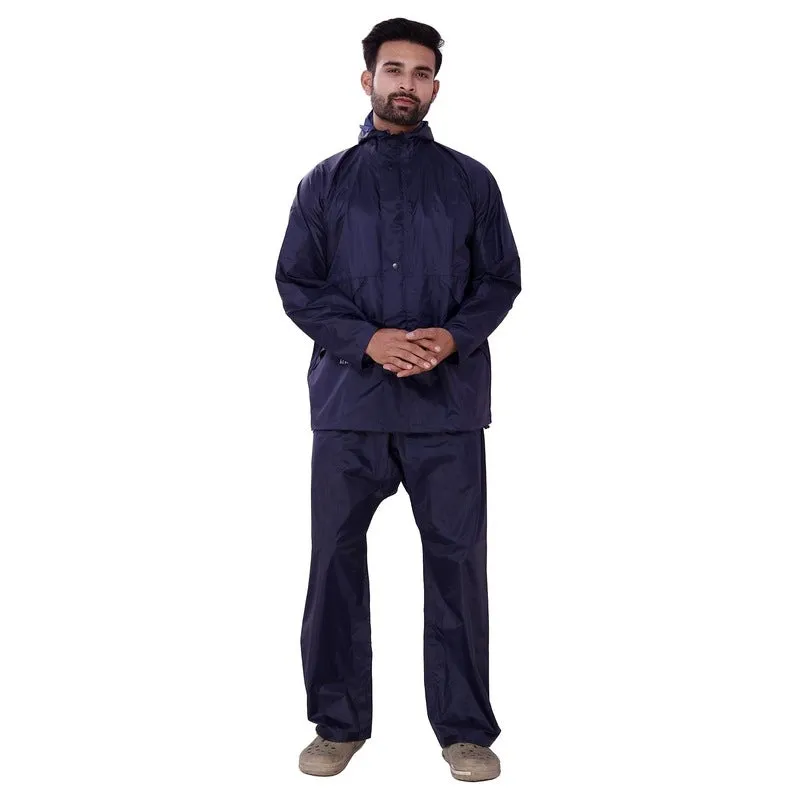 Men Raincoat - Waterproof Nylon with Adjustable Hood | Top & Bottom Set | Navy Blue | Size: Large