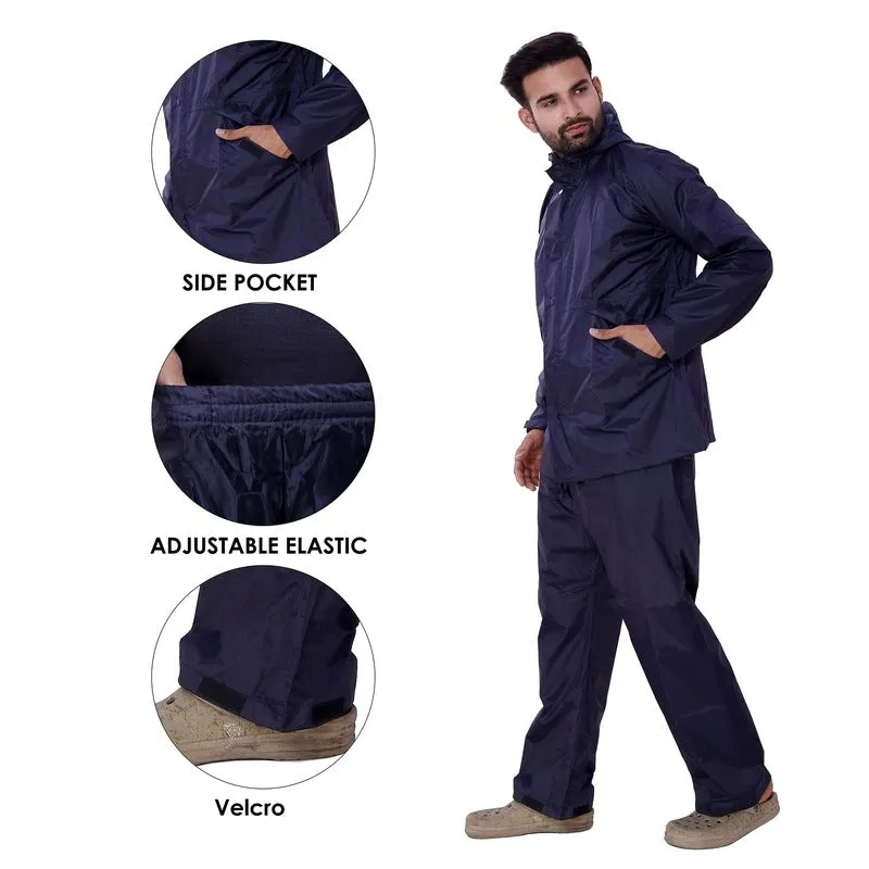 Men Raincoat - Waterproof Nylon with Adjustable Hood | Top & Bottom Set | Navy Blue | Size: Large