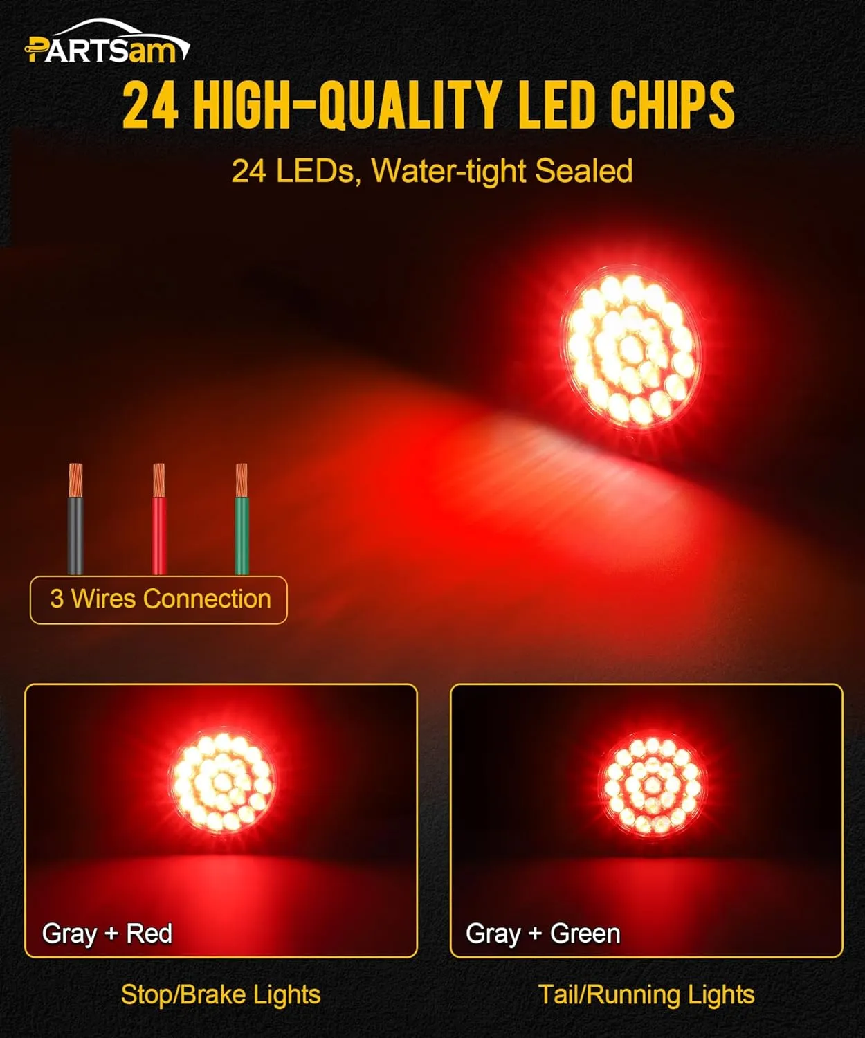 Partsam 10x 4 Round Led Trailer Tail Lights Red 24LEDs Flange Mount Sealed Chrome LED Stop Turn Tail Lights Marker Clearance Brake Running Taillights Hardwired Waterproof for RV Trucks 12V DC