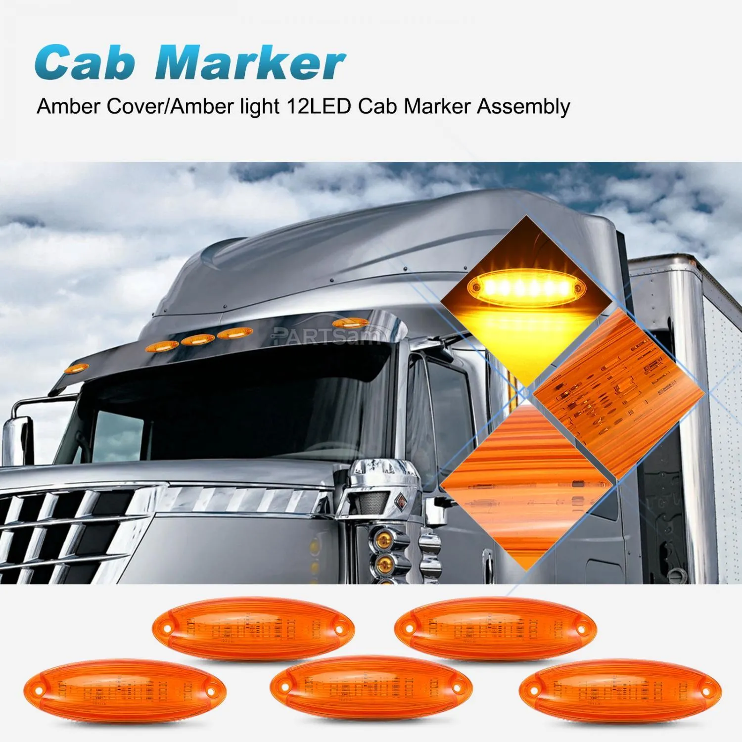 Partsam 5pcs Waterproof Amber Lens Yellow 6 LED Top Cab Marker Roof Running Lights Lamps Replacement for Freightliner Cascadia Heavy Duty Truck
