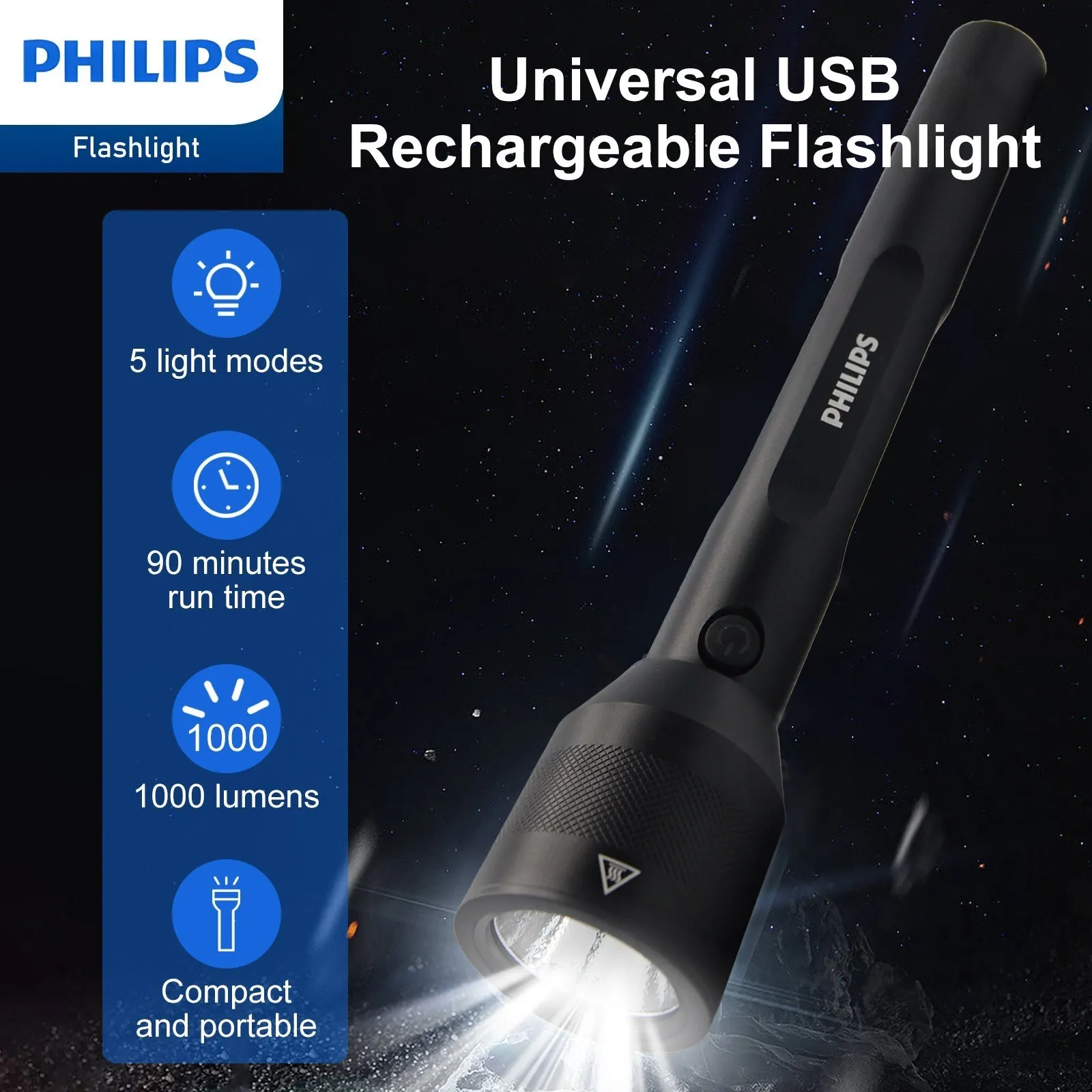 Philips SFL3602R Rechargeable LED Flashlight 1000 Lumens (Black)
