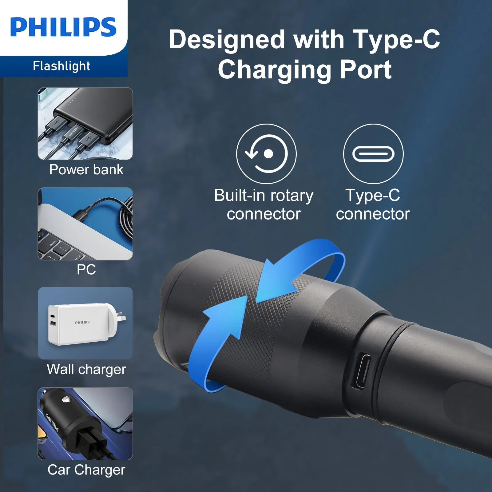 Philips SFL5805R Rechargeable LED Flashlight 1200 Lumens (Black)