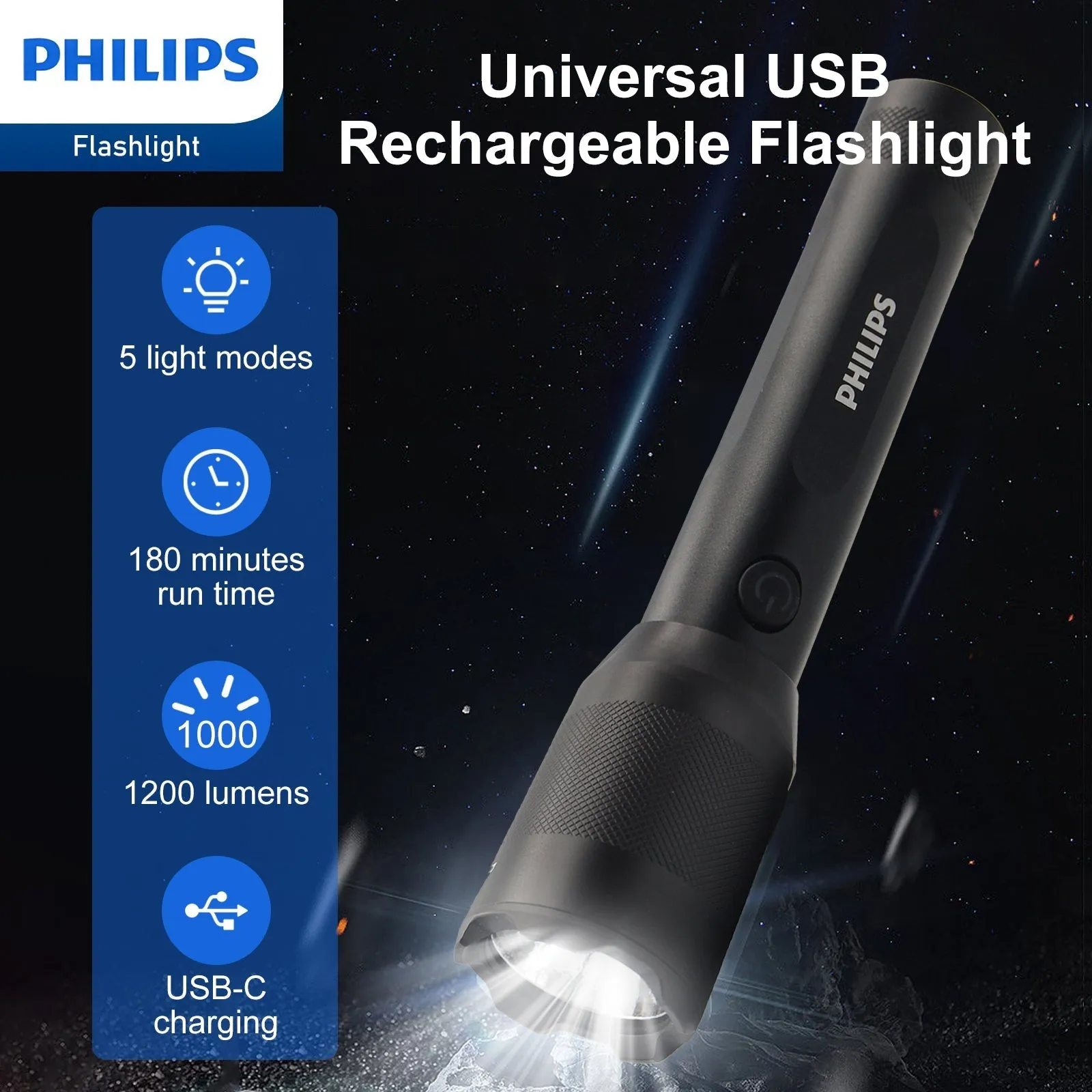 Philips SFL5805R Rechargeable LED Flashlight 1200 Lumens (Black)