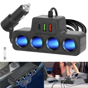 relaxed Car Charger, 120W 4-Socket Cigarette Lighter Splitter with QC18W & PD20W, DC 12-24V