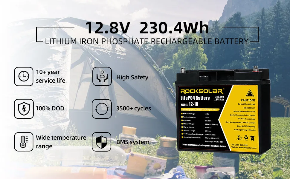 ROCKSOLAR 12V 18Ah Deep Cycle Lithium Battery (LIFEPO4)