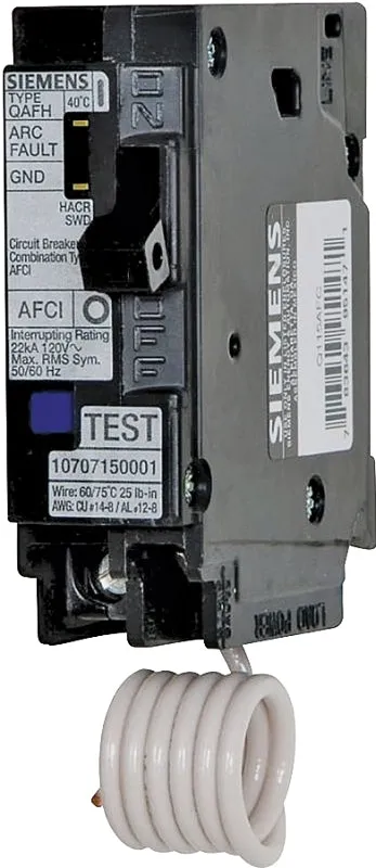 Siemens QA120AFC Circuit Breaker, AFCI, Combination, 20 A, 1 -Pole, 120/240 V, Fixed Trip, Plug Mounting :EA: QUANTITY: 1