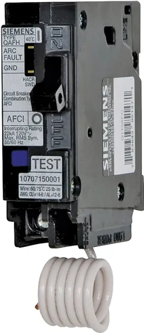 Siemens QA120AFC Circuit Breaker, AFCI, Combination, 20 A, 1 -Pole, 120/240 V, Fixed Trip, Plug Mounting :EA: QUANTITY: 1