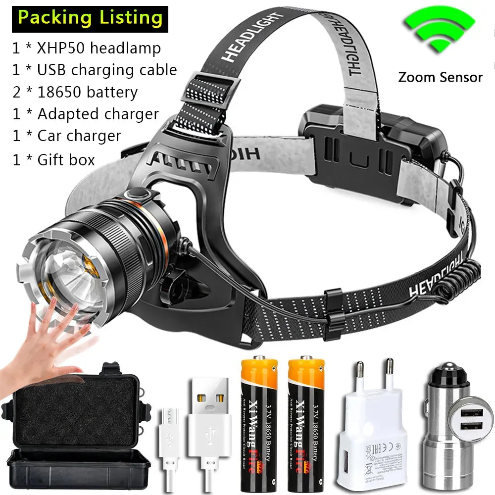 Super Powerful XHP70 Led Headlamp Induction Zoom Headlight XHP50 Rechargeable Head Flashlight Use 3x18650 Battery for Camping
