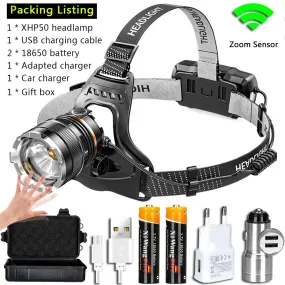 Super Powerful XHP70 Led Headlamp Induction Zoom Headlight XHP50 Rechargeable Head Flashlight Use 3x18650 Battery for Camping