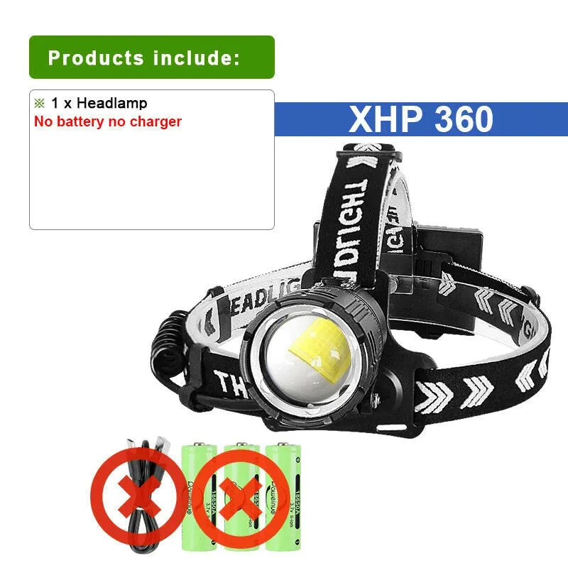 XHP360 High-Power LED Headlight High-Brightness USB Rechargeable Zoom IPX4 Waterproof Headlamp Camping Outdoor Work Head Lantern