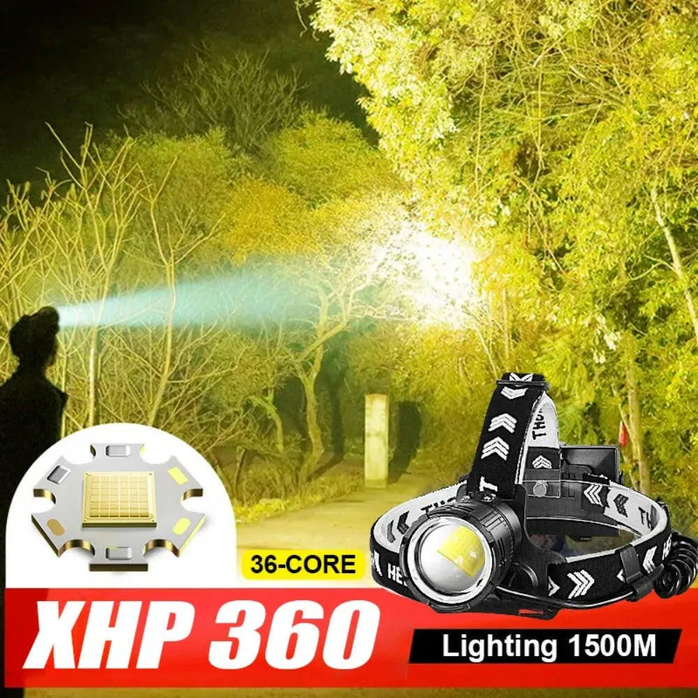 XHP360 High-Power LED Headlight High-Brightness USB Rechargeable Zoom IPX4 Waterproof Headlamp Camping Outdoor Work Head Lantern
